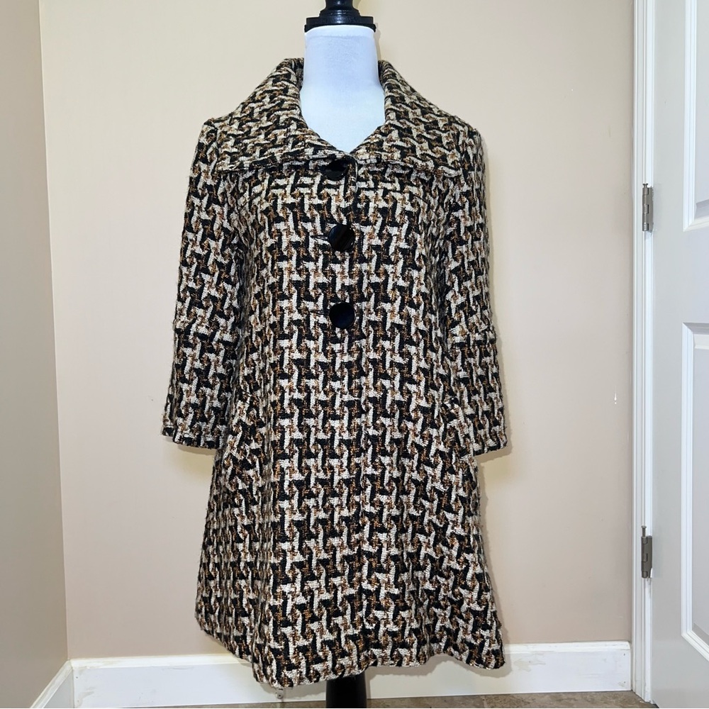Kensie Womens Button Up A-Line Cute Feminine Black Tan Dressy Peacoat Size Small